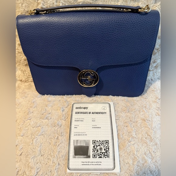 GUCCI AUTHENTIC CALFSKIN PERIWINKLE BLUE INTERLOCKING GG CHAIN SHOULDER BAG.NWOT - Picture 16 of 16